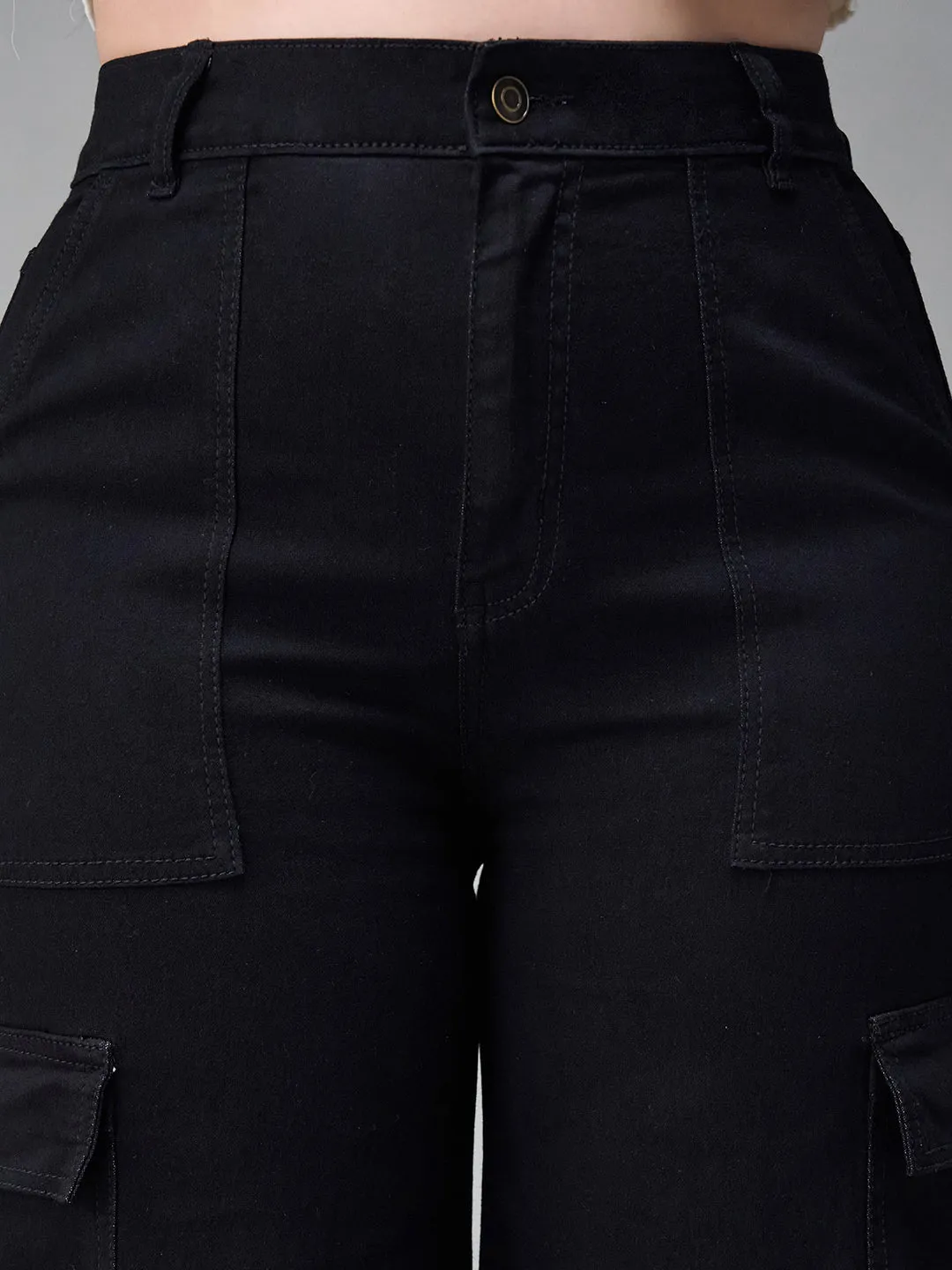 24/7 Comfort Black Wide Leg High Rise Stretchable Denim Cargo Jeans