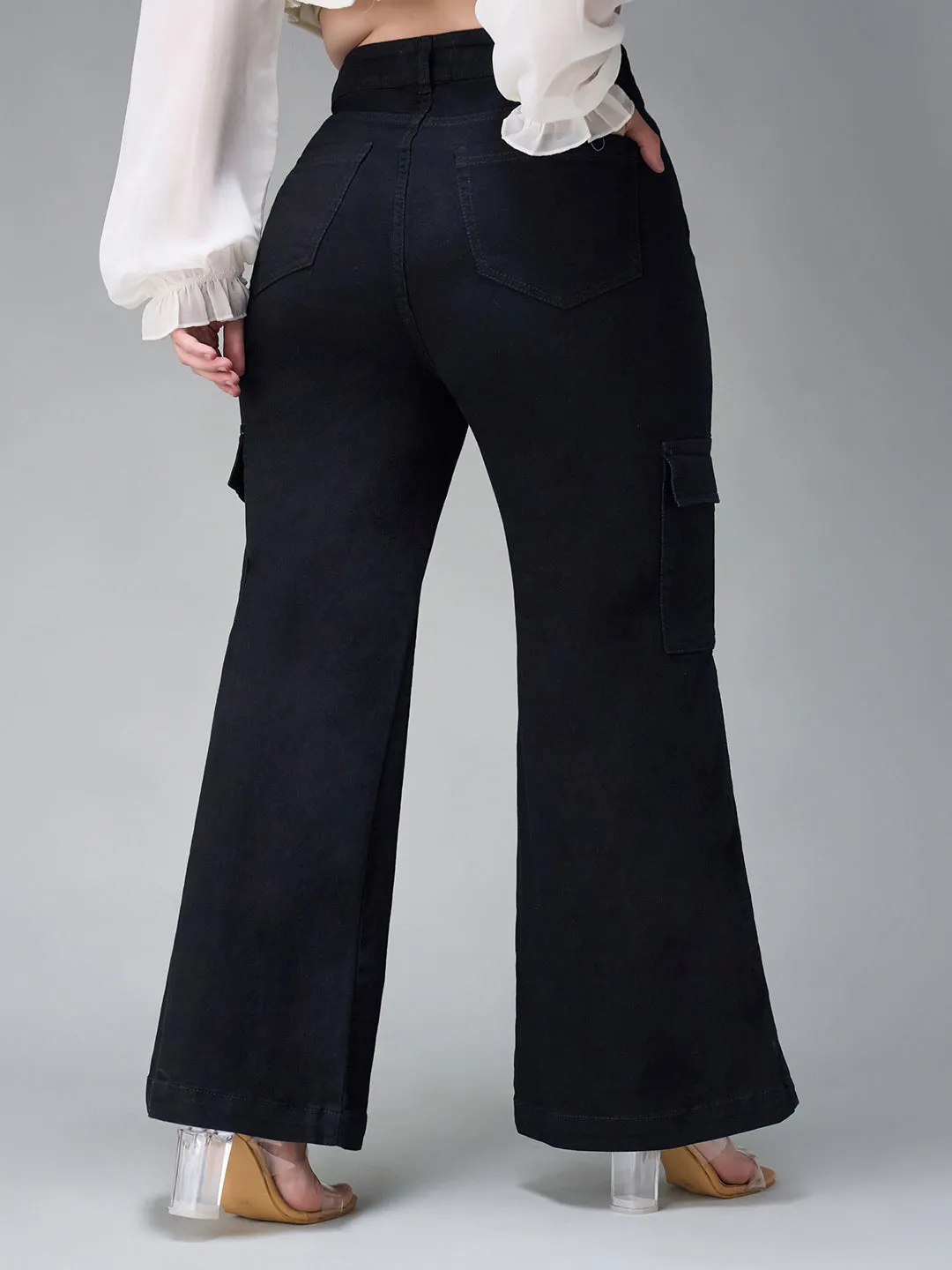 24/7 Comfort Black Wide Leg High Rise Stretchable Denim Cargo Jeans
