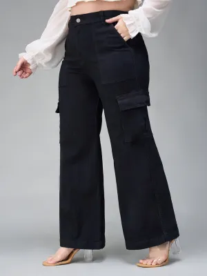 24/7 Comfort Black Wide Leg High Rise Stretchable Denim Cargo Jeans