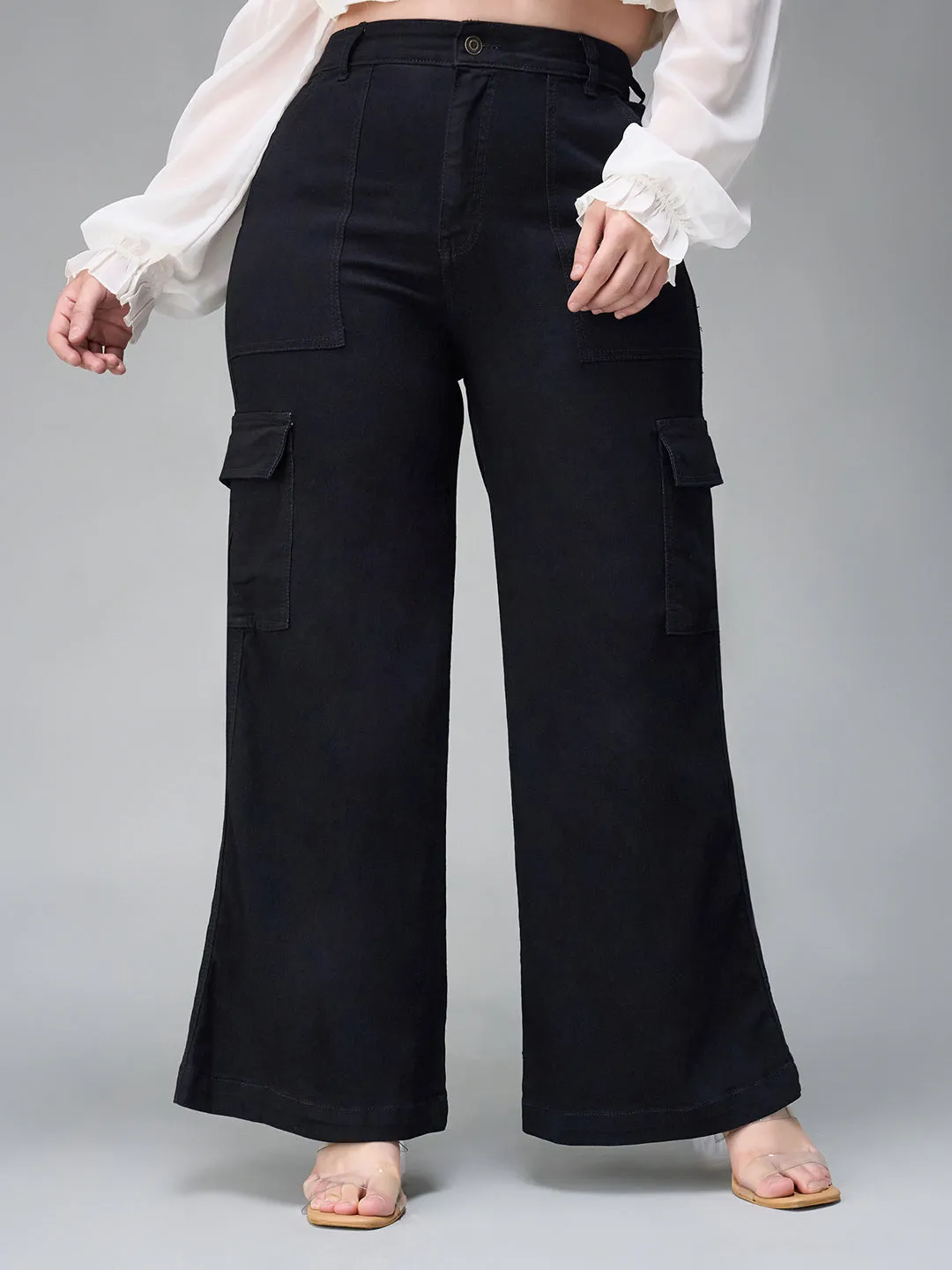 24/7 Comfort Black Wide Leg High Rise Stretchable Denim Cargo Jeans