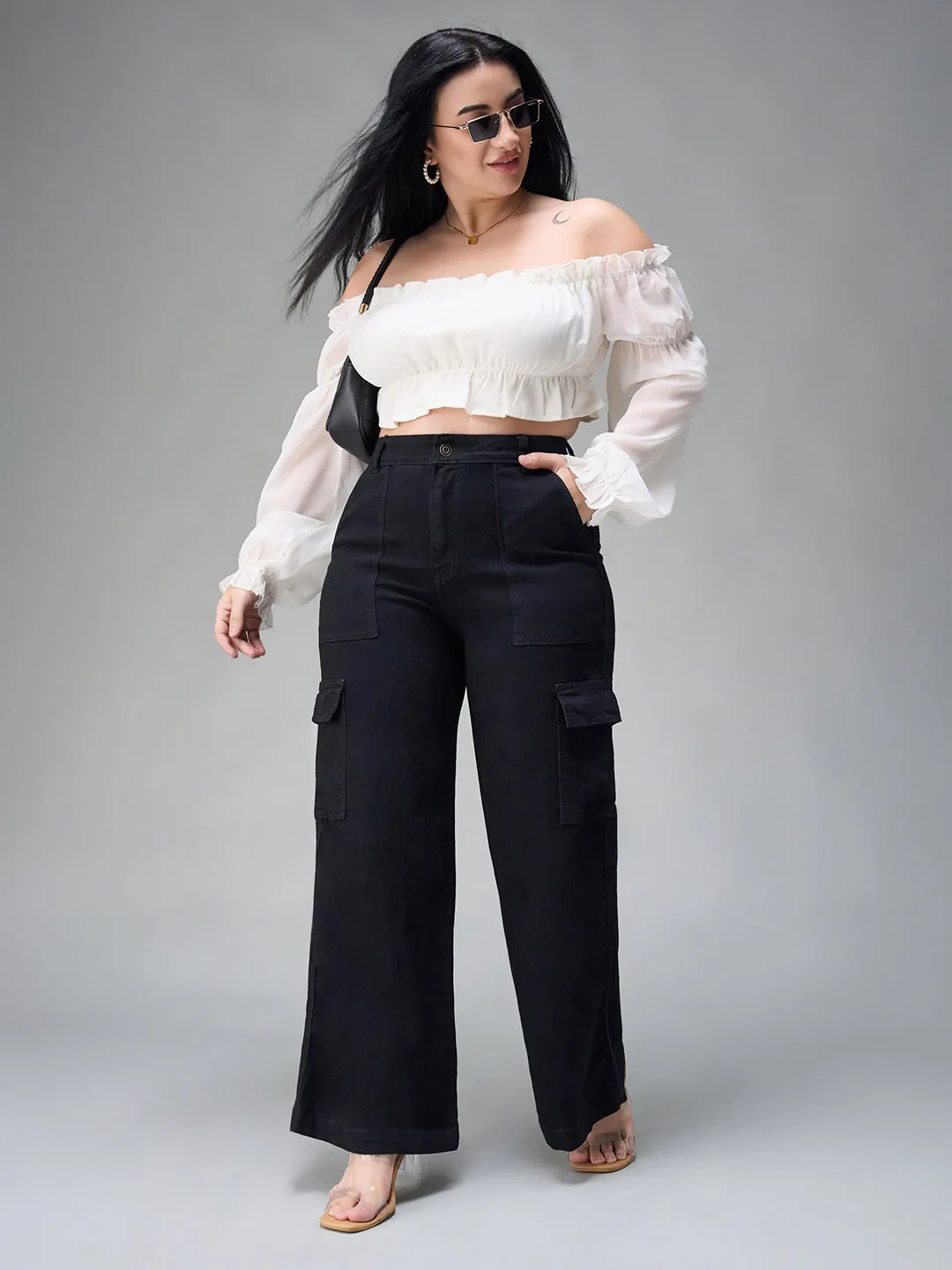 24/7 Comfort Black Wide Leg High Rise Stretchable Denim Cargo Jeans