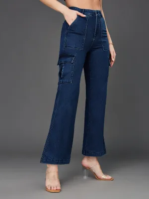 24/7 Comfort Blue Wide-Leg High-Rise Stretchable Denim Cargo Jeans