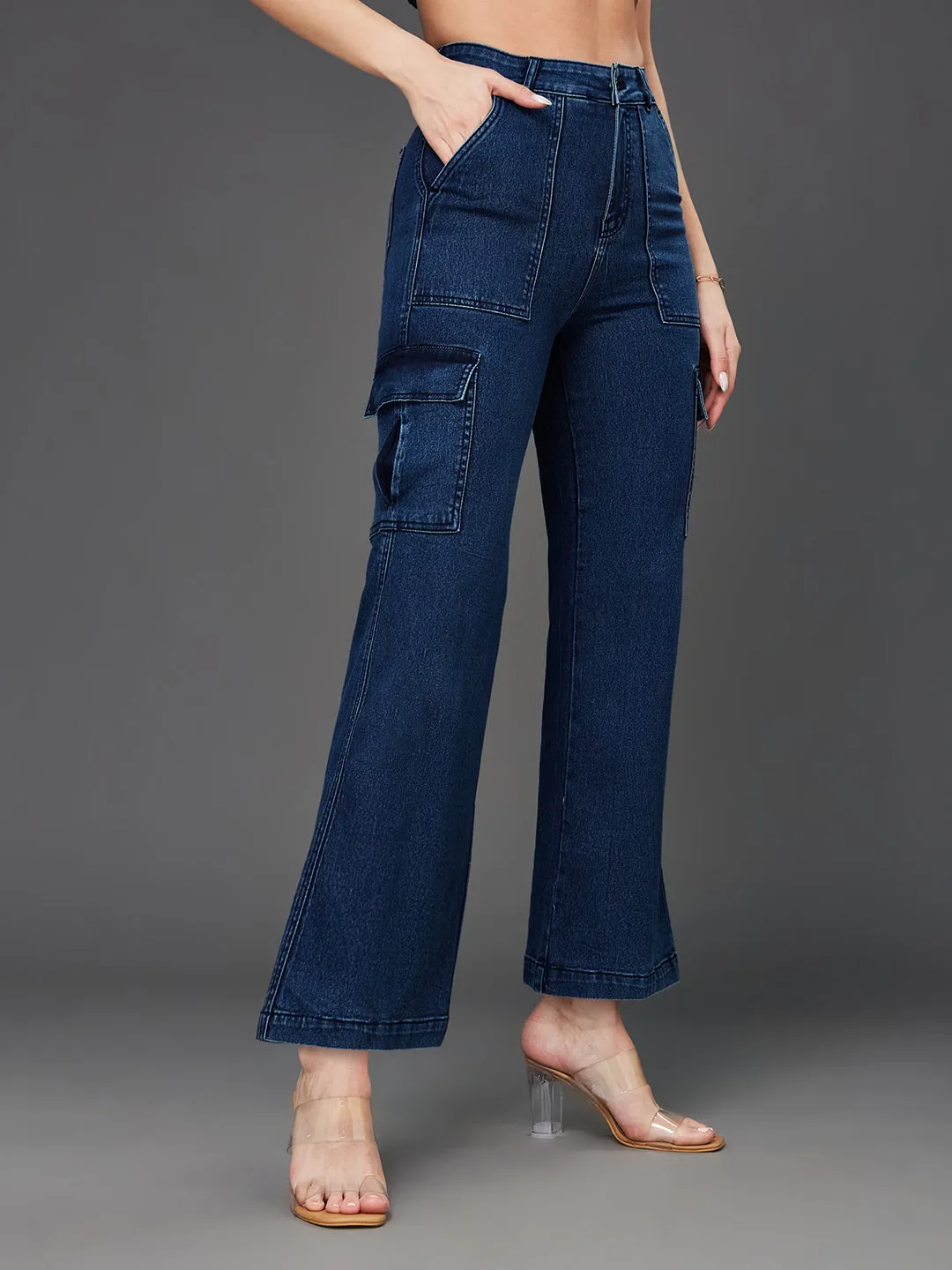 24/7 Comfort Blue Wide-Leg High-Rise Stretchable Denim Cargo Jeans