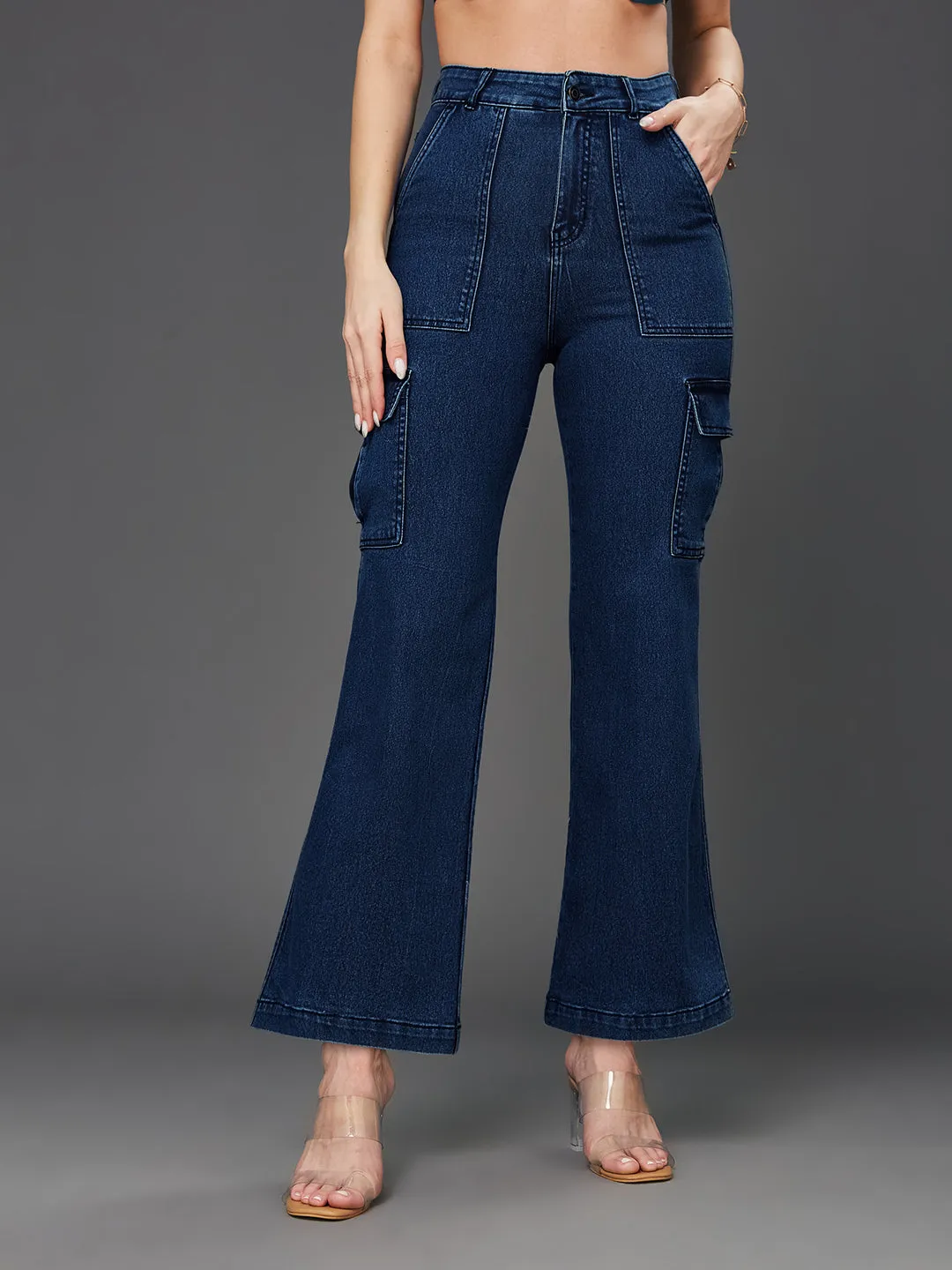 24/7 Comfort Blue Wide-Leg High-Rise Stretchable Denim Cargo Jeans
