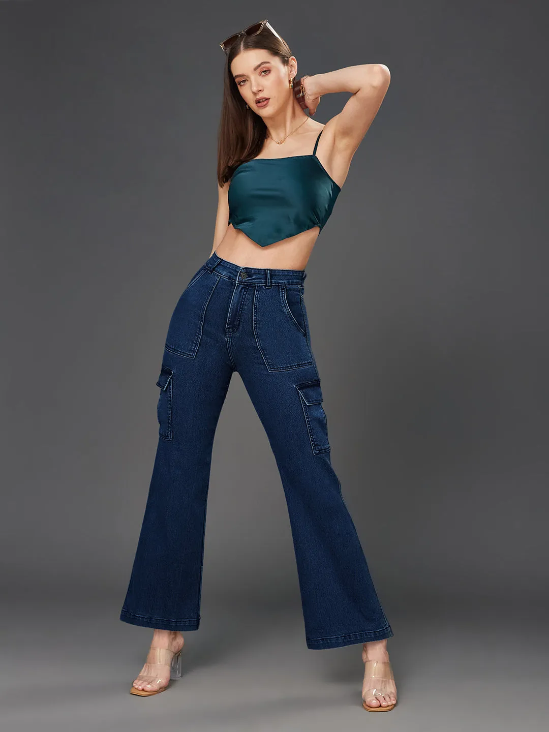 24/7 Comfort Blue Wide-Leg High-Rise Stretchable Denim Cargo Jeans