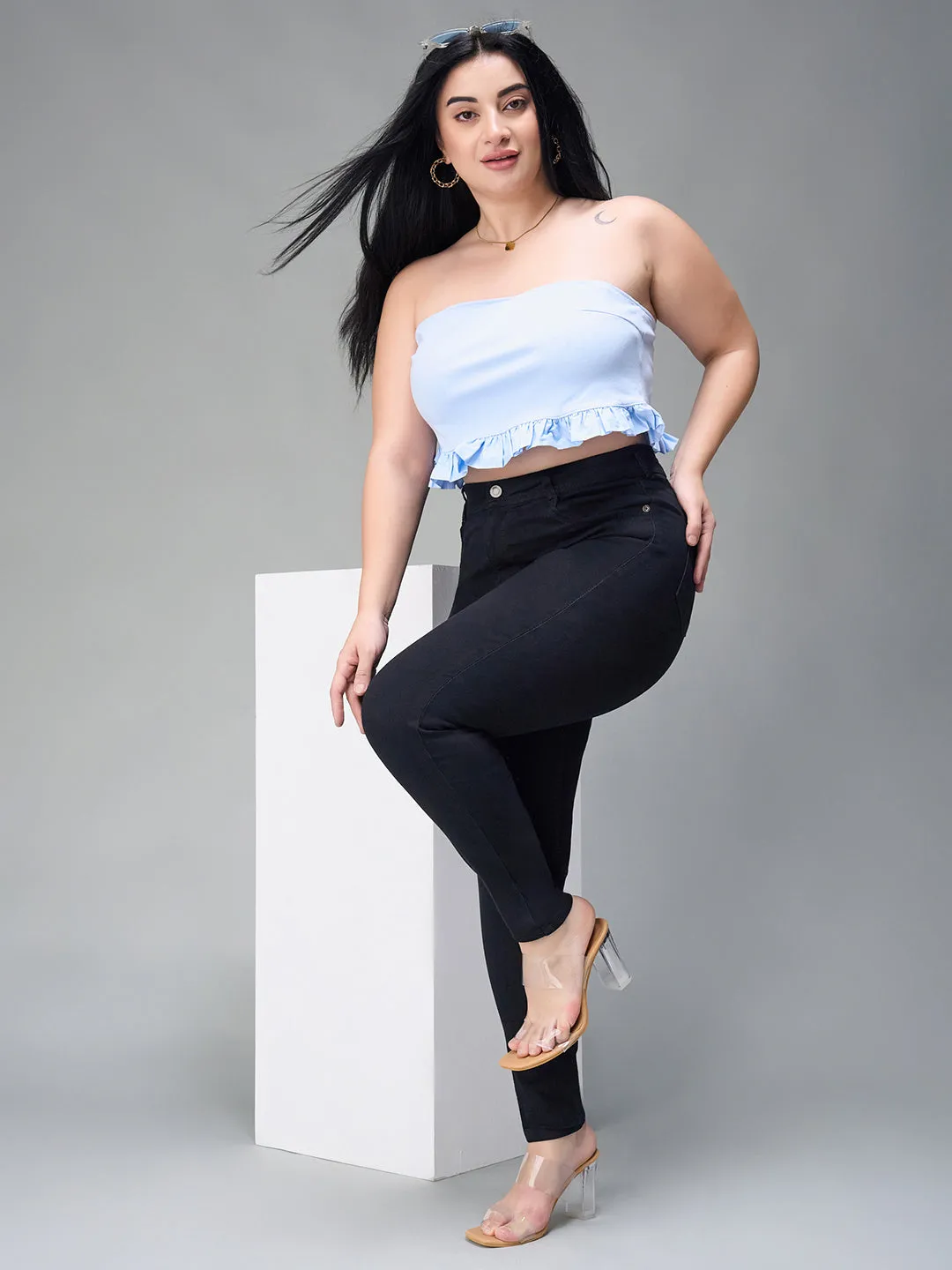 24/7 comfort Women's Black Slim Fit High Rise Acid Wash Stretchable Denim Jeans