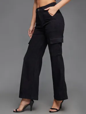 24/7 Comfort Women's Black Wide-Leg High-Rise Stretchable Denim Cargo Jeans