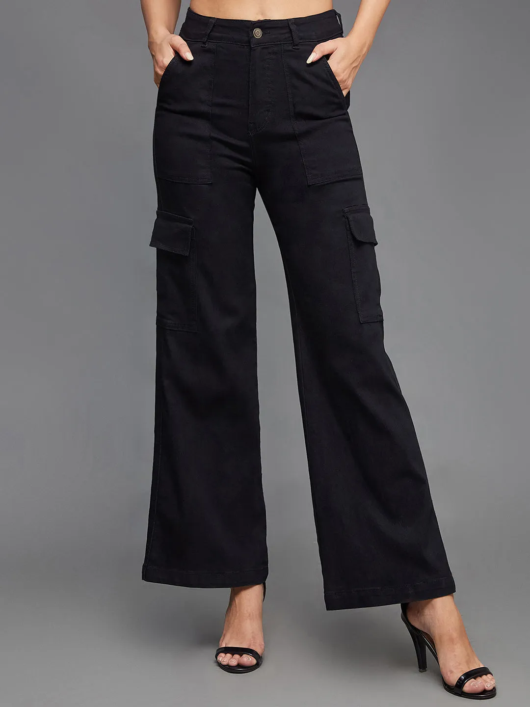 24/7 Comfort Women's Black Wide-Leg High-Rise Stretchable Denim Cargo Jeans