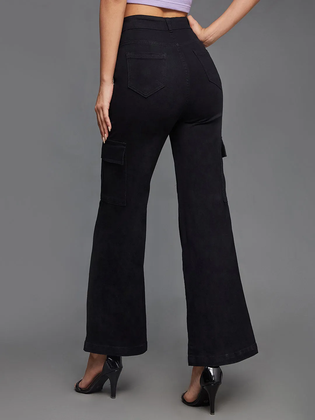 24/7 Comfort Women's Black Wide-Leg High-Rise Stretchable Denim Cargo Jeans