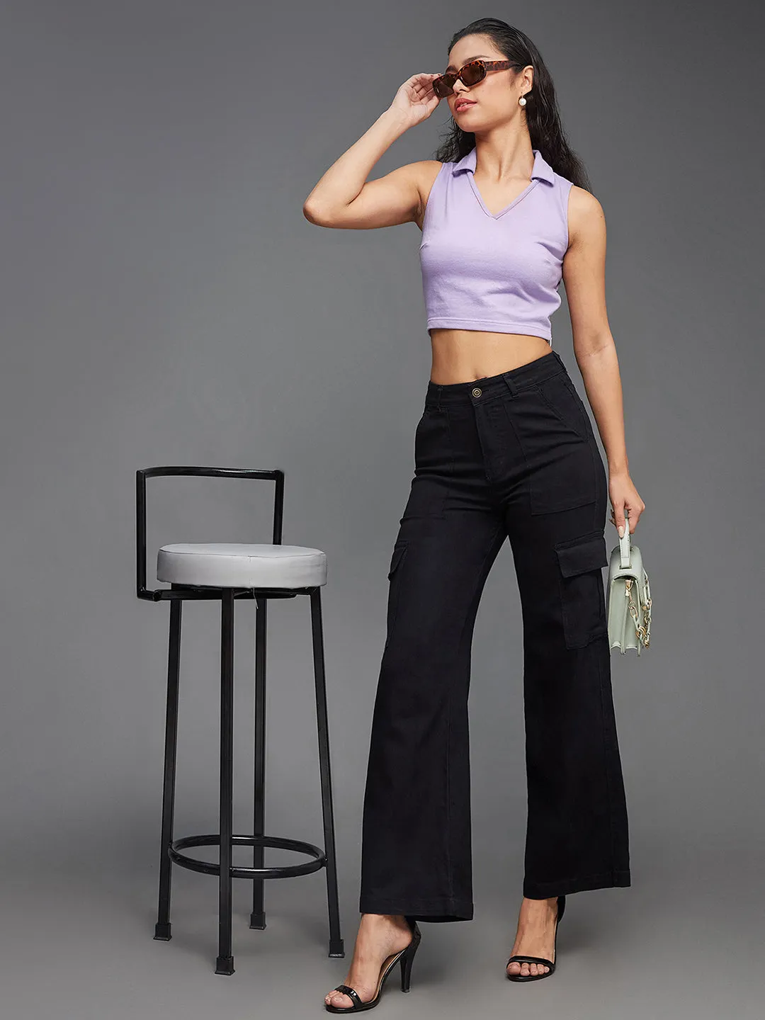 24/7 Comfort Women's Black Wide-Leg High-Rise Stretchable Denim Cargo Jeans