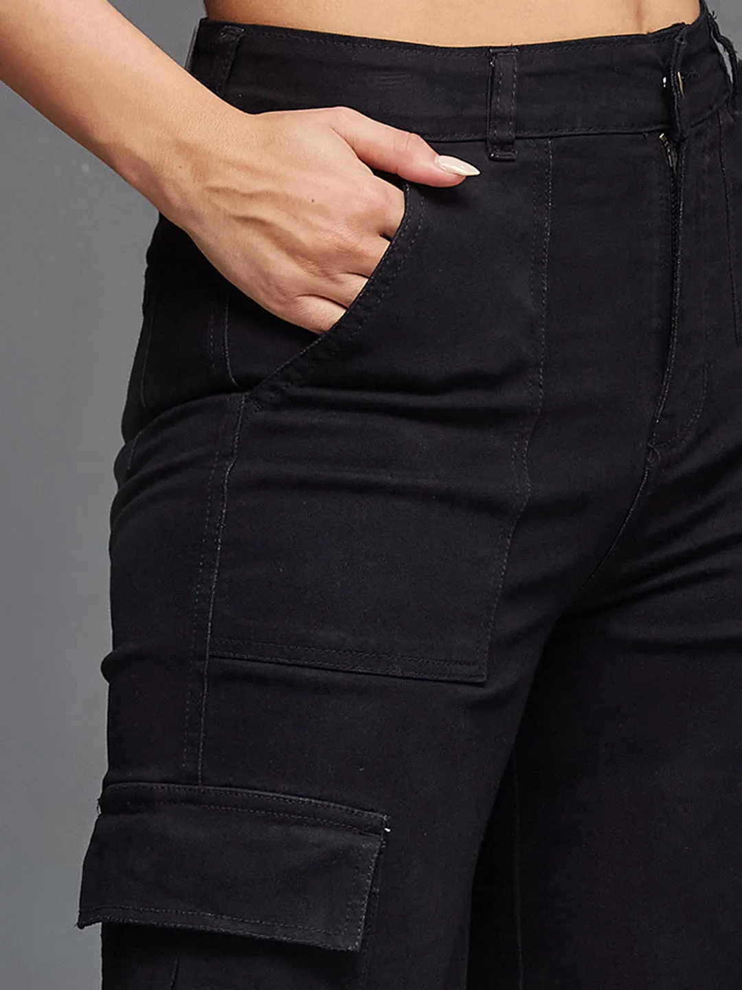 24/7 Comfort Women's Black Wide-Leg High-Rise Stretchable Denim Cargo Jeans