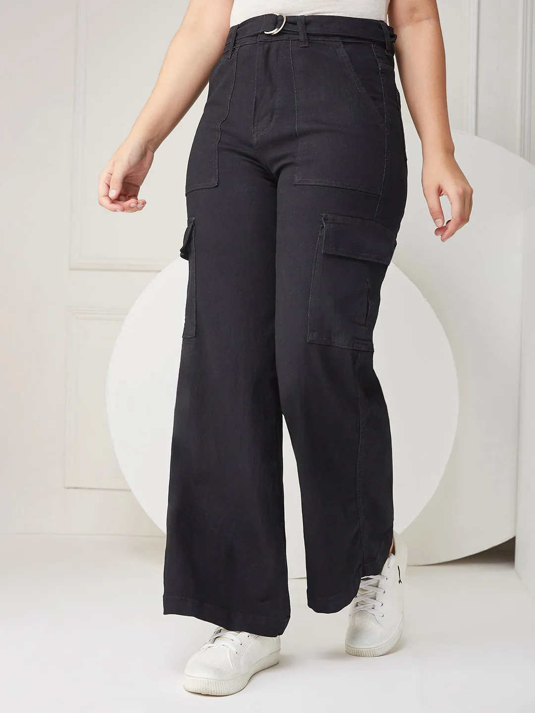 24/7 comfort Women's Black Wide-leg High Rise Stretchable Denim Jeans