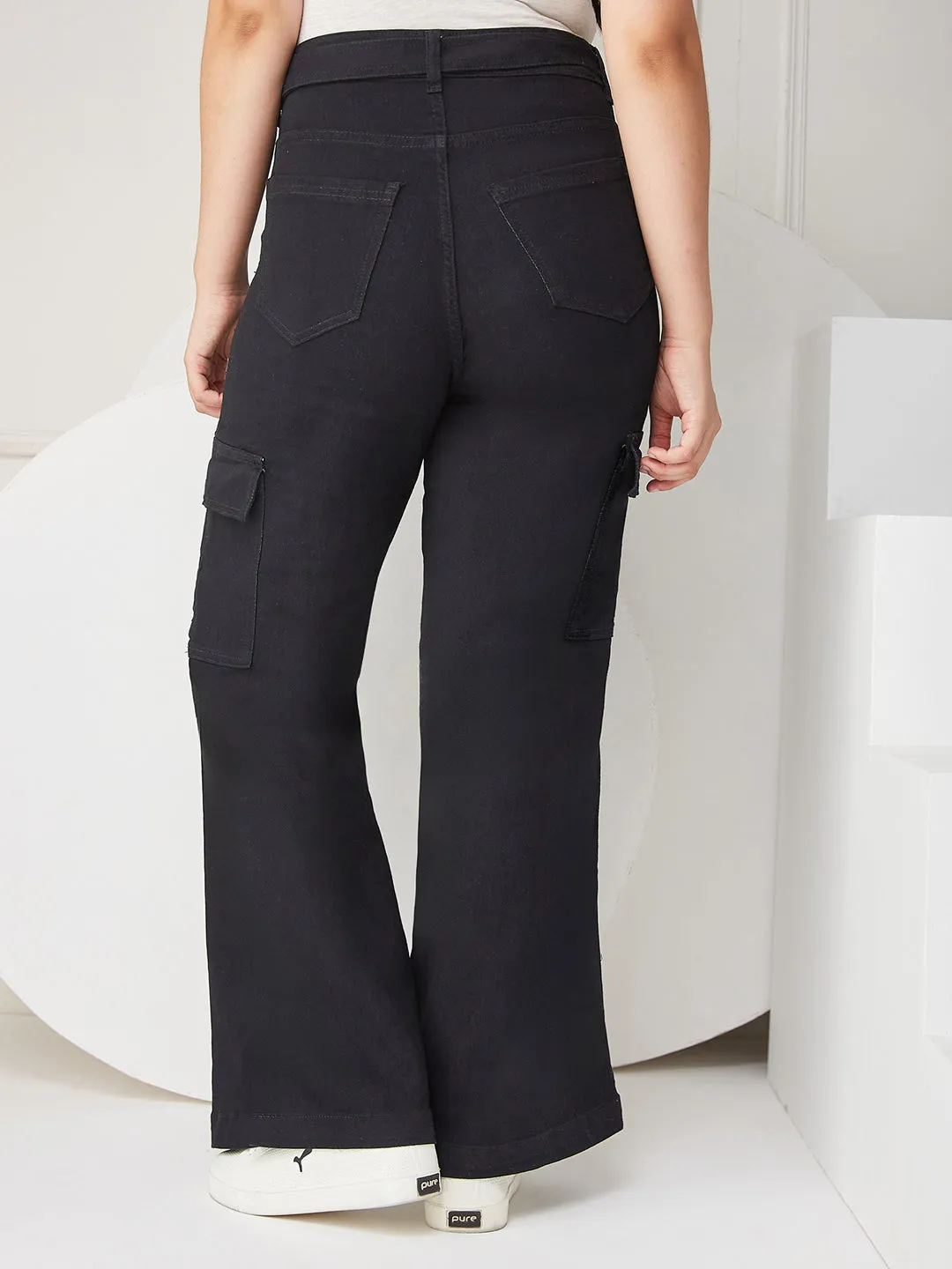 24/7 comfort Women's Black Wide-leg High Rise Stretchable Denim Jeans
