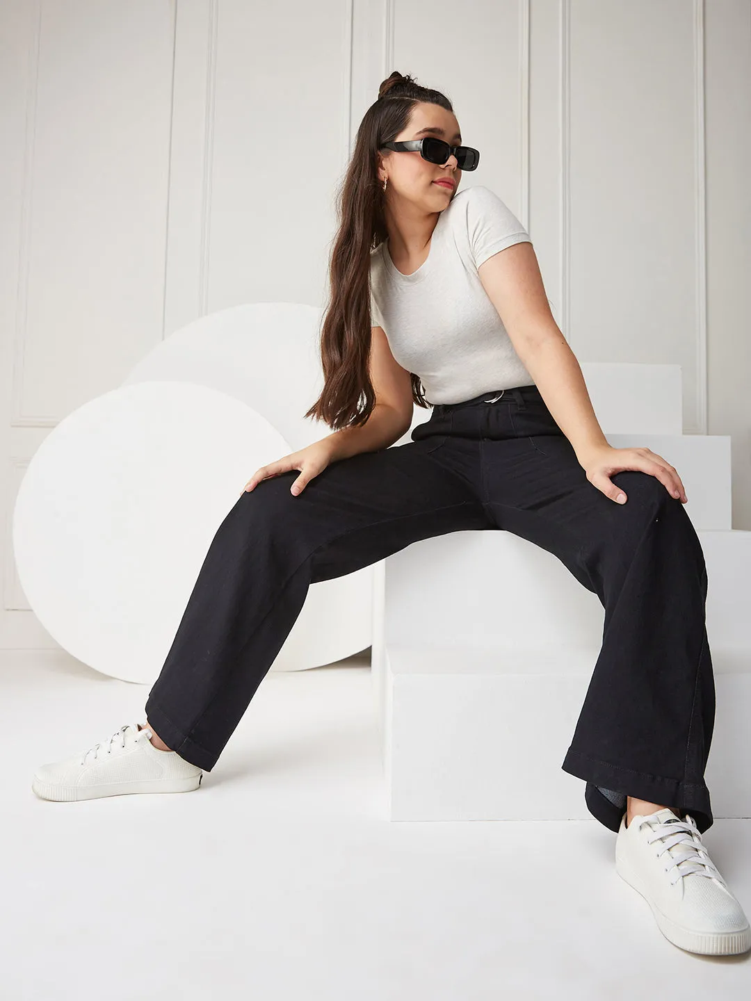 24/7 comfort Women's Black Wide-leg High Rise Stretchable Denim Jeans