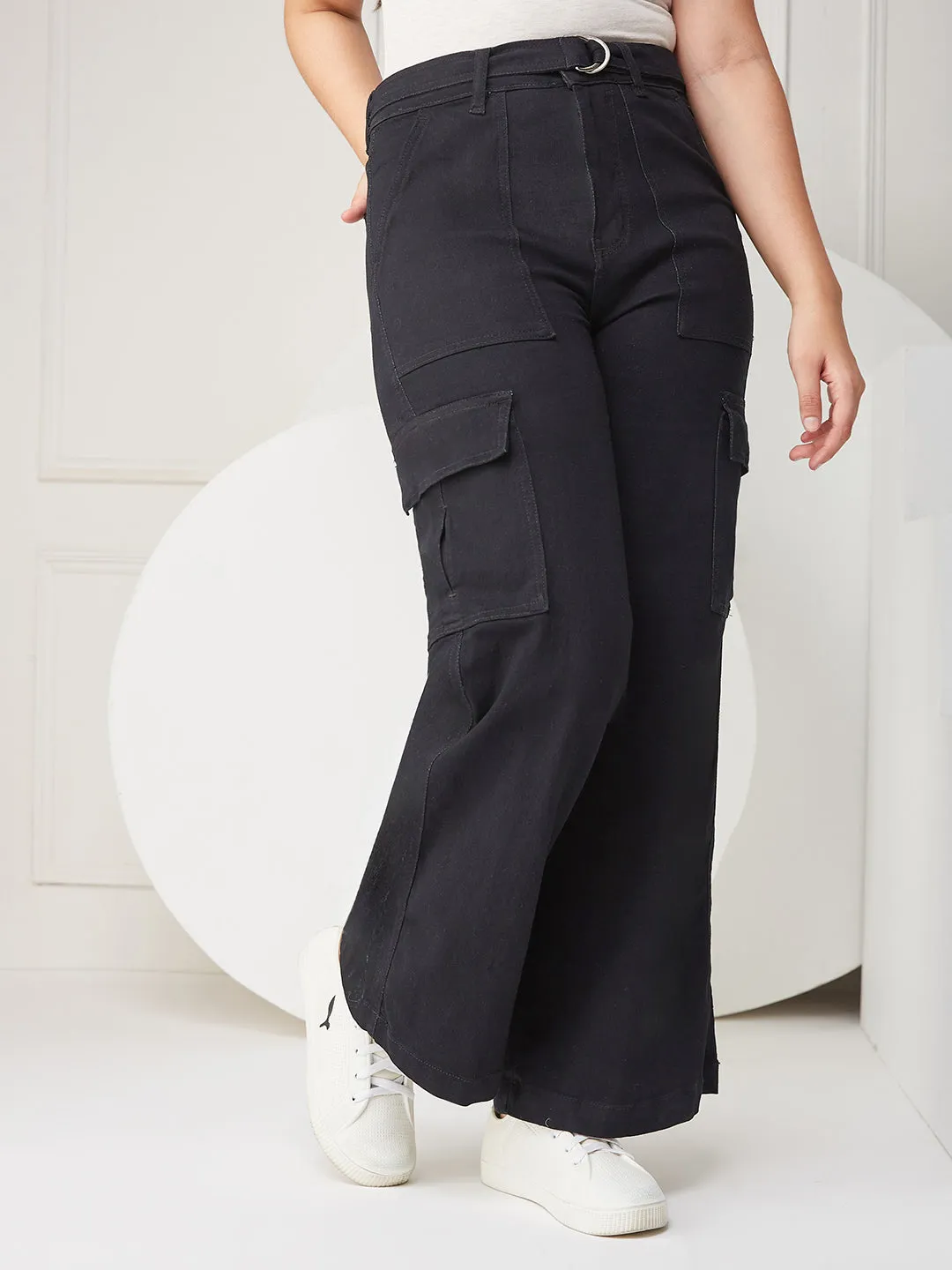 24/7 comfort Women's Black Wide-leg High Rise Stretchable Denim Jeans