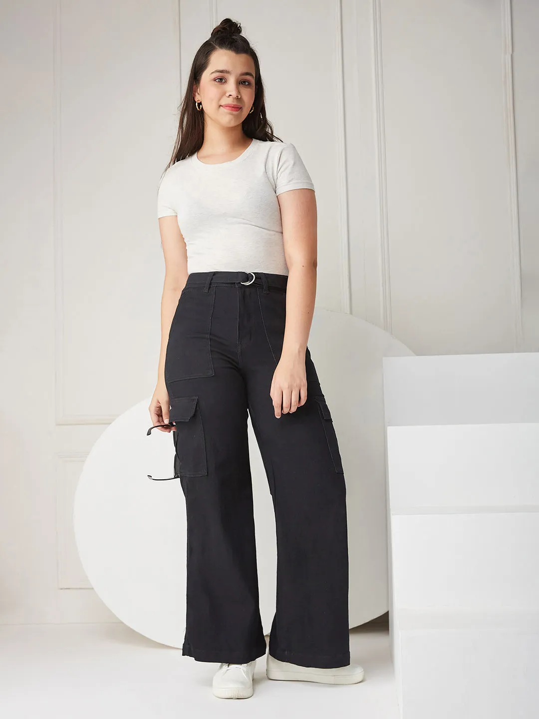 24/7 comfort Women's Black Wide-leg High Rise Stretchable Denim Jeans