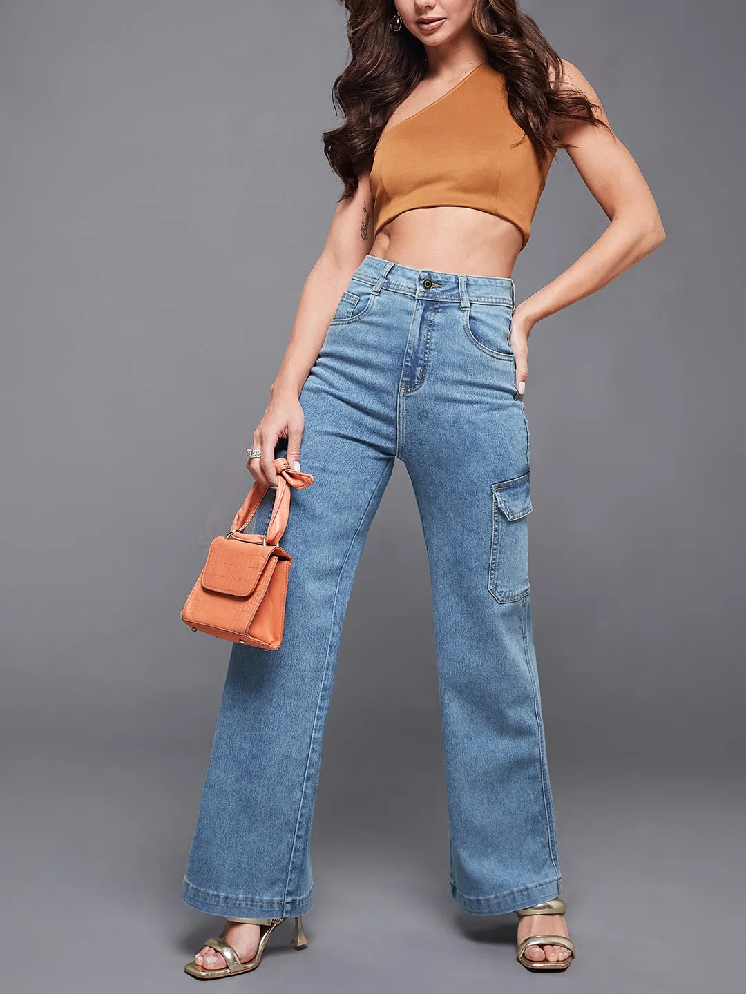 24/7 comfort Women's Blue Wide-Leg High-Rise Heavy Wash Regular-Length Stretchable Cargo Denim Jeans