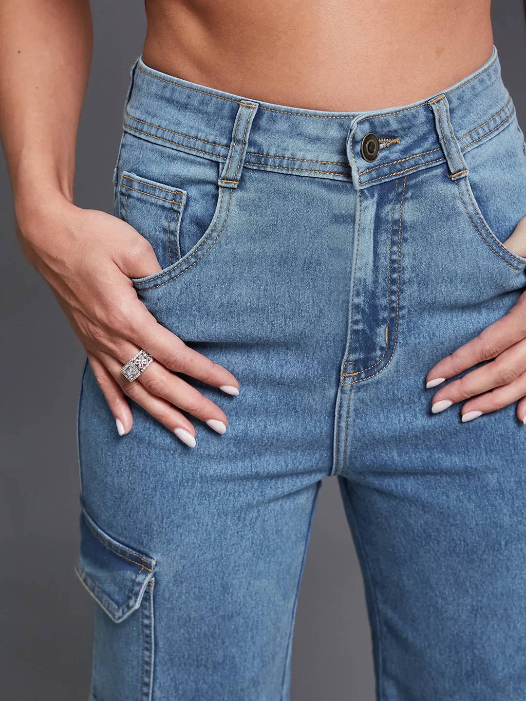24/7 comfort Women's Blue Wide-Leg High-Rise Heavy Wash Regular-Length Stretchable Cargo Denim Jeans