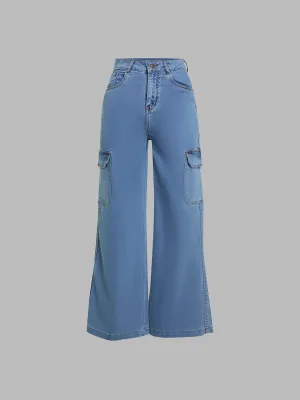 24/7 comfort Women's Blue Wide-Leg High-Rise Heavy Wash Regular-Length Stretchable Cargo Denim Jeans
