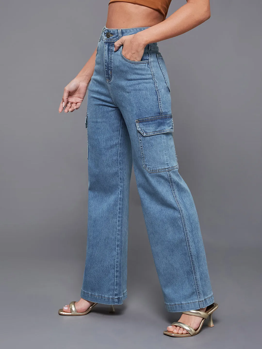 24/7 comfort Women's Blue Wide-Leg High-Rise Heavy Wash Regular-Length Stretchable Cargo Denim Jeans