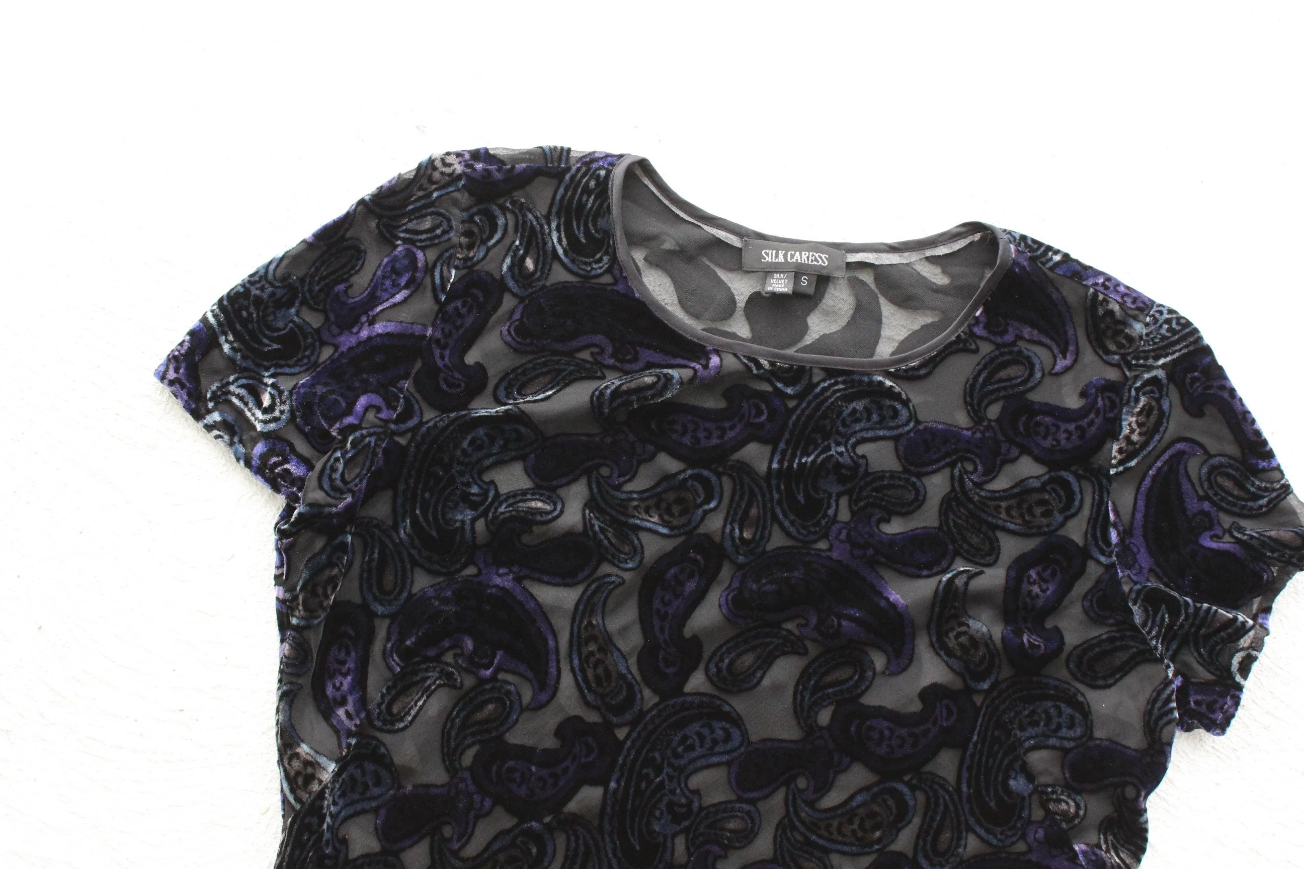 90s Silk Velvet Paisley Burnout Bias Cut Tee