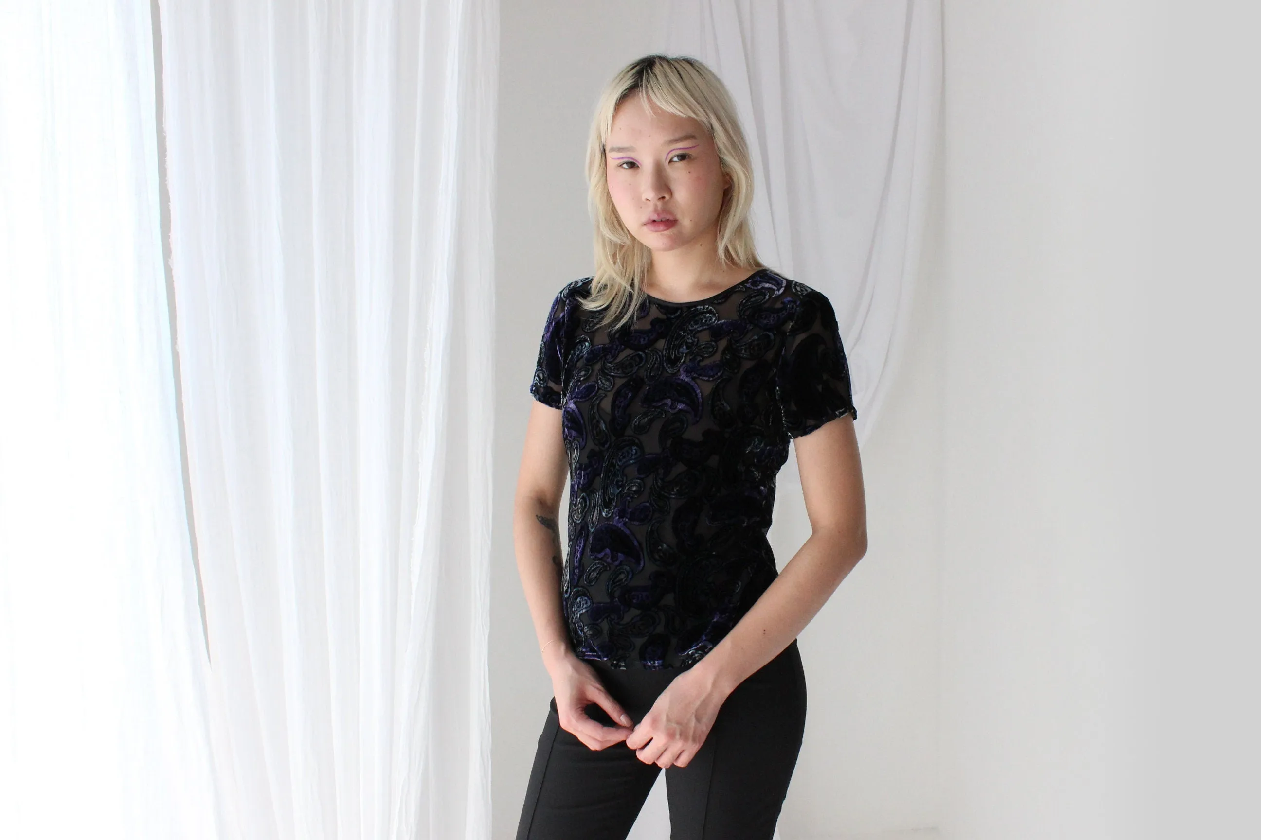 90s Silk Velvet Paisley Burnout Bias Cut Tee