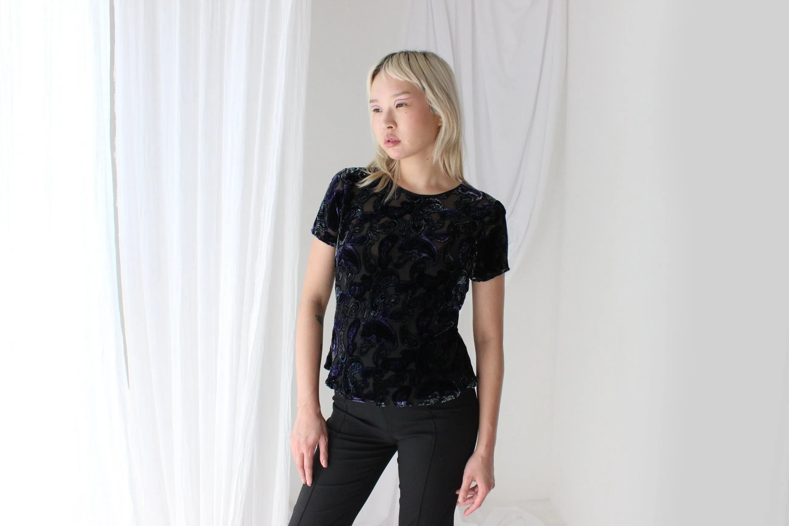 90s Silk Velvet Paisley Burnout Bias Cut Tee