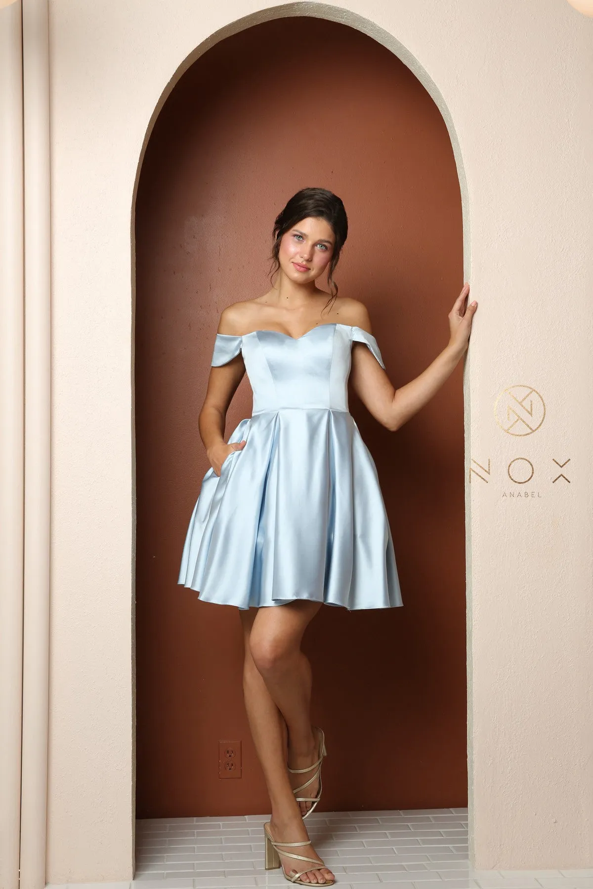 A-Line Off Shoulder Satin Dress With Pocket