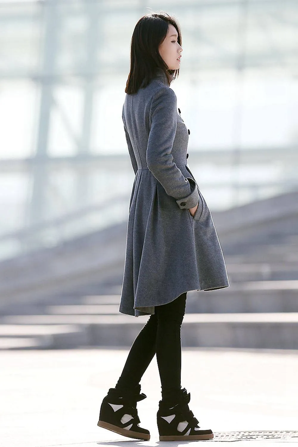 Asymmetrical winter wool coat with pockets C157