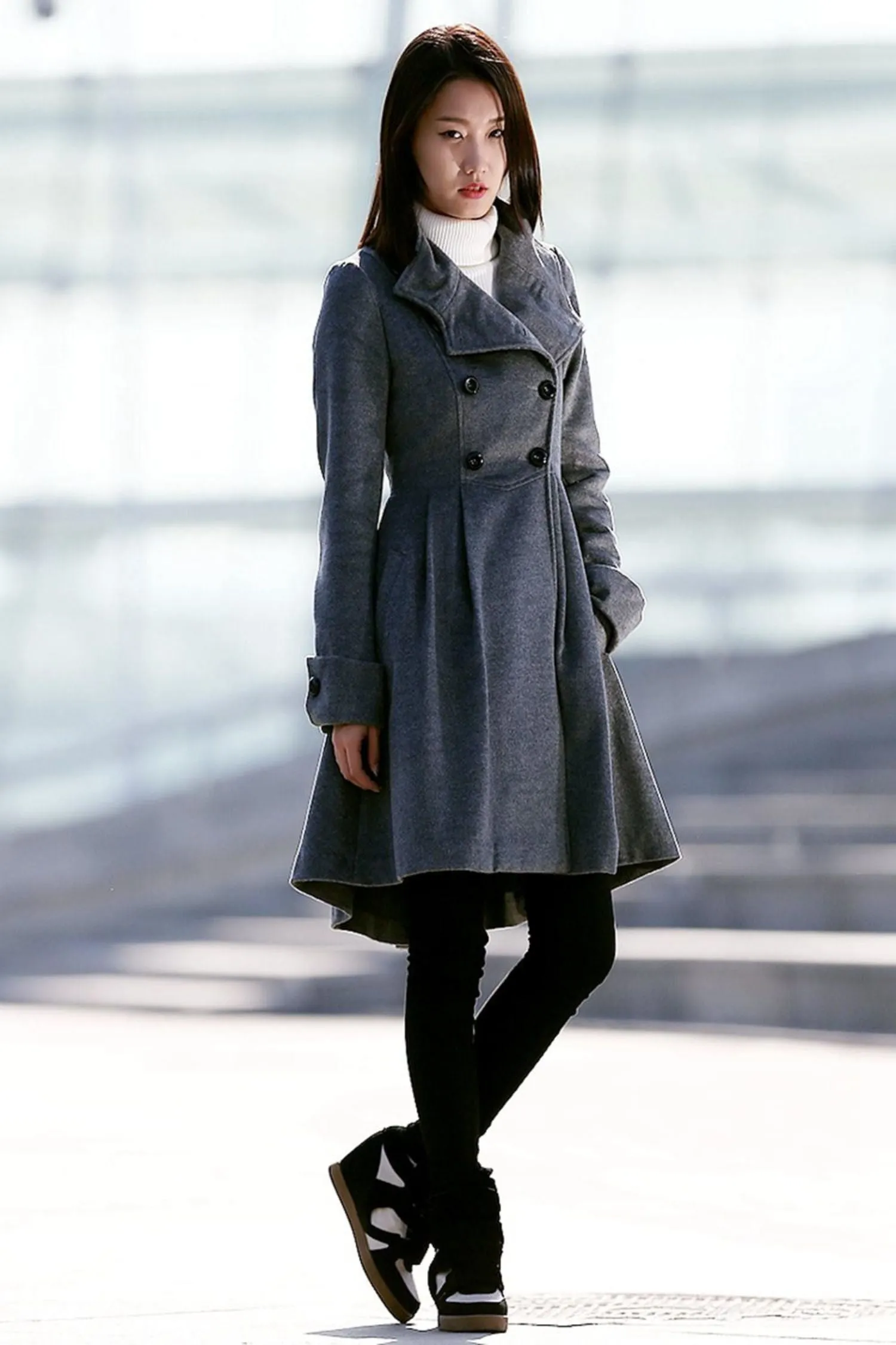 Asymmetrical winter wool coat with pockets C157