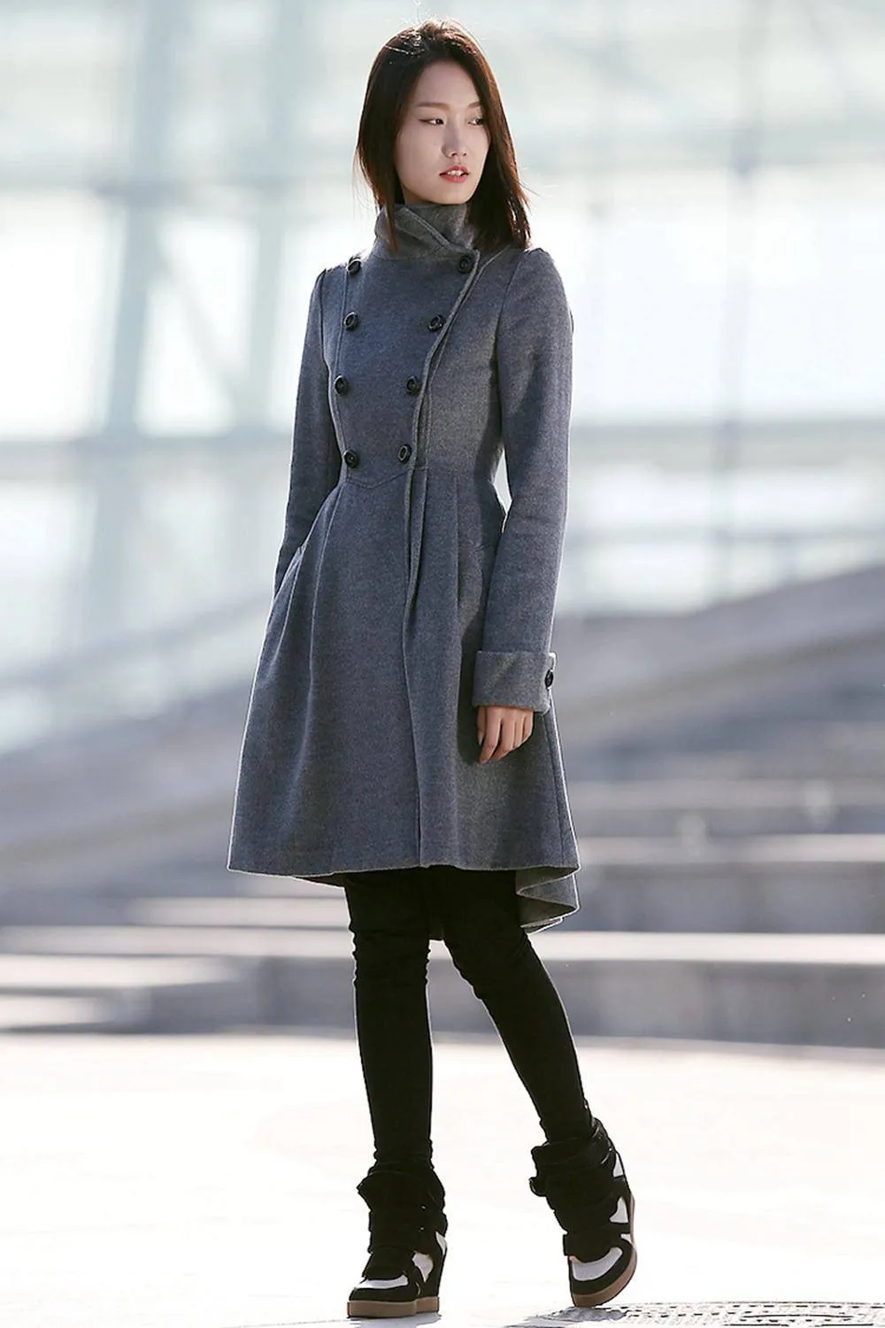 Asymmetrical winter wool coat with pockets C157