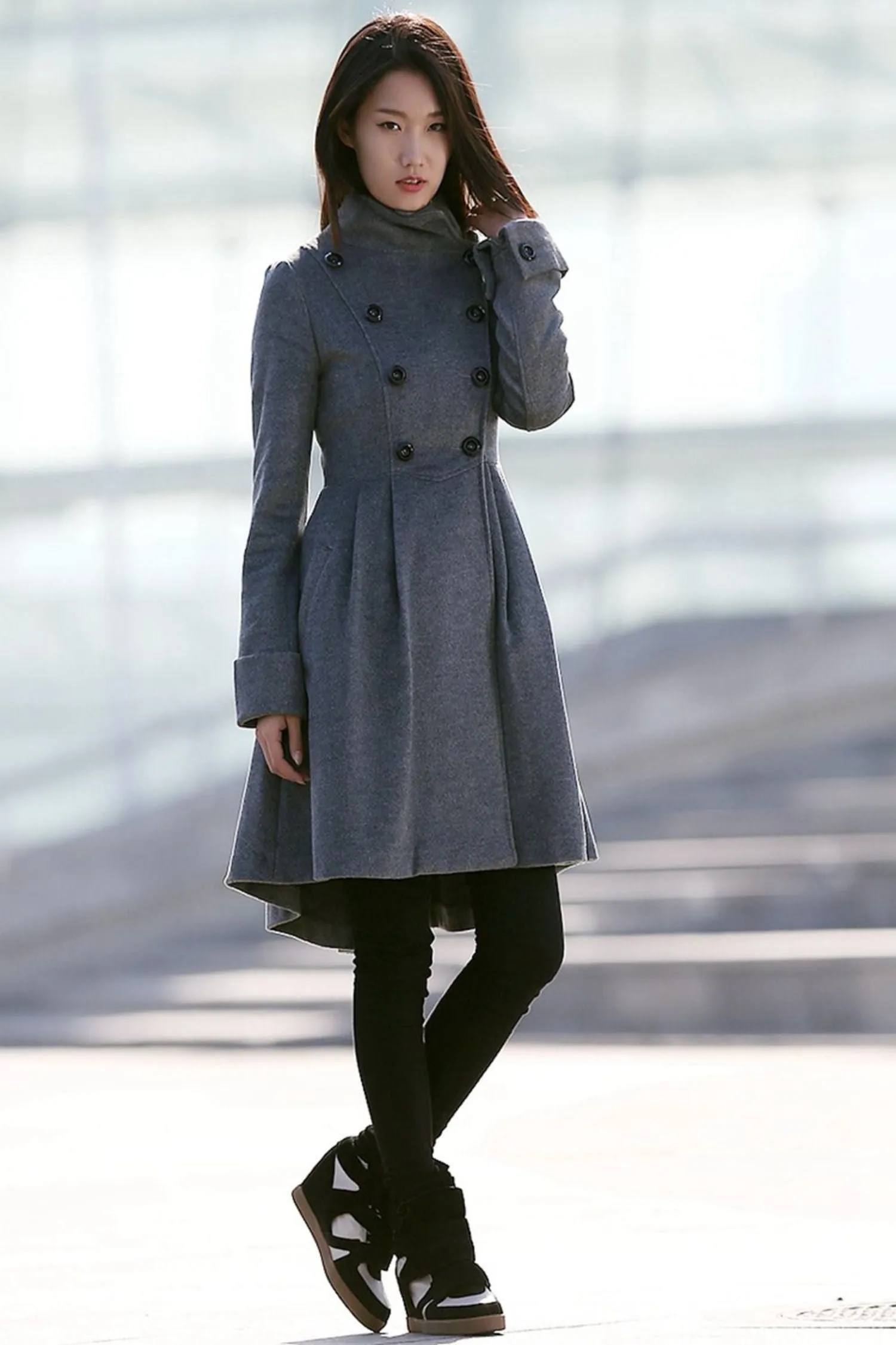 Asymmetrical winter wool coat with pockets C157