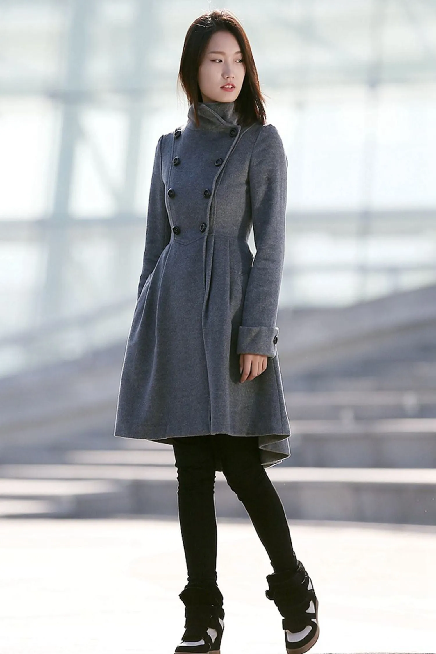 Asymmetrical winter wool coat with pockets C157