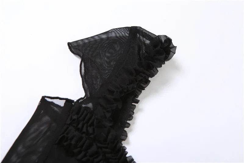 Black Casual Tranparent Mesh Ruffles Top