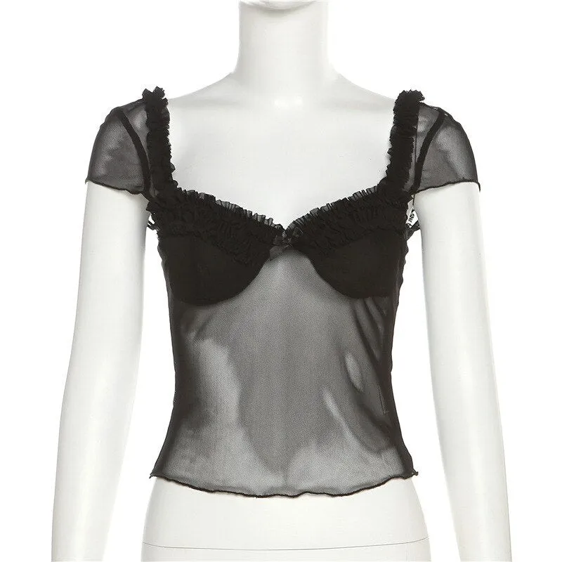 Black Casual Tranparent Mesh Ruffles Top