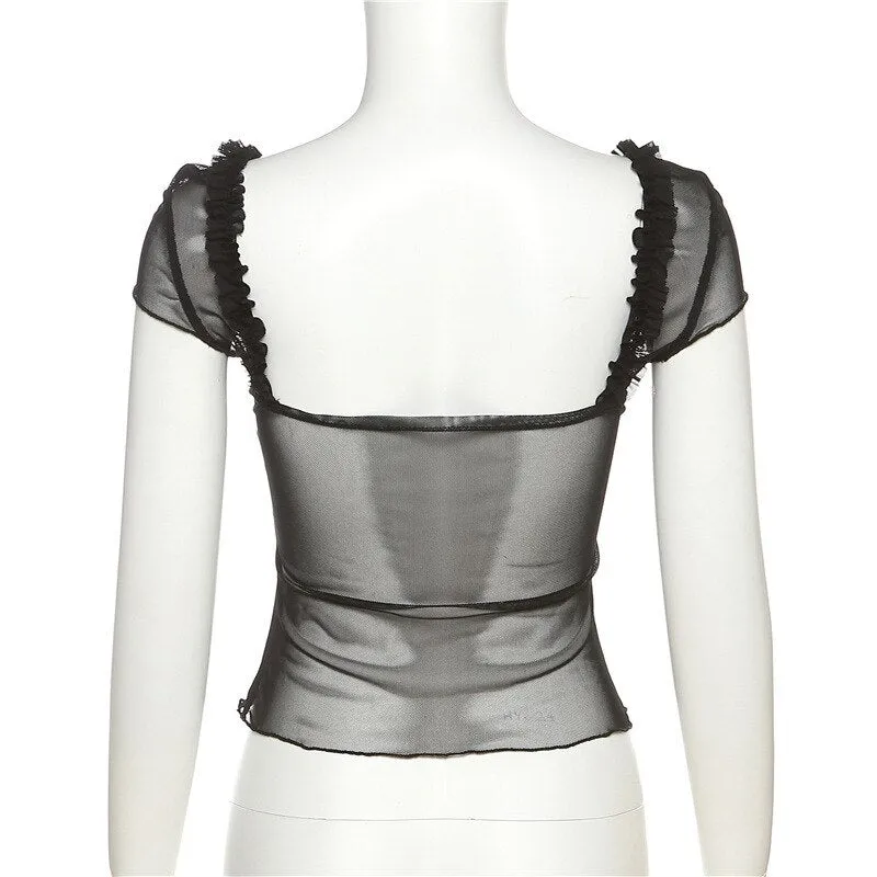 Black Casual Tranparent Mesh Ruffles Top