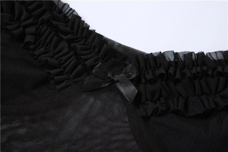 Black Casual Tranparent Mesh Ruffles Top
