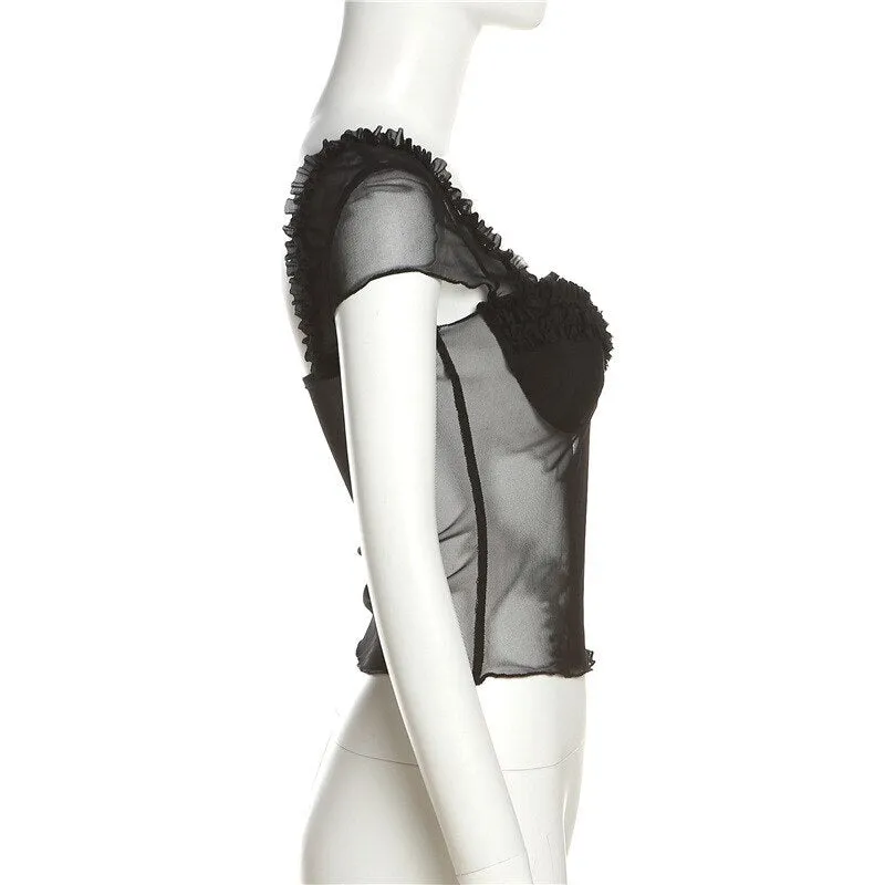 Black Casual Tranparent Mesh Ruffles Top