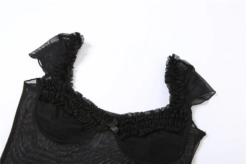 Black Casual Tranparent Mesh Ruffles Top