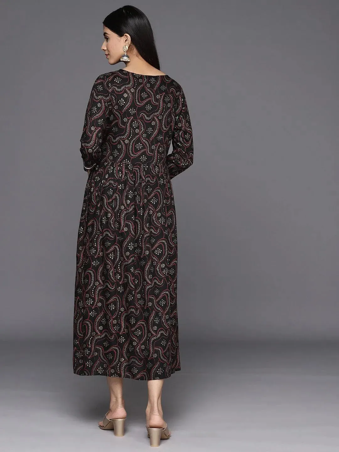 Black Printed Rayon Fit and Flare Dress