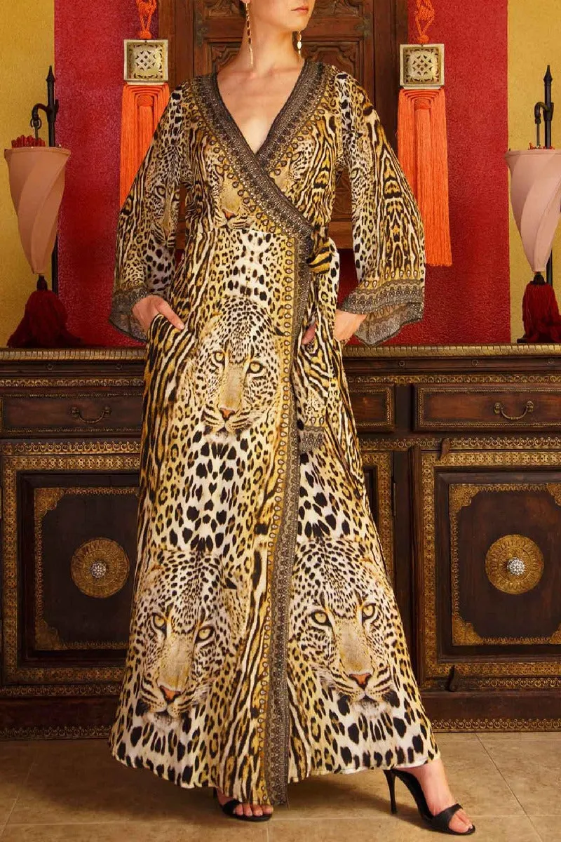 Black Printed Silk Wrap Maxi Dress