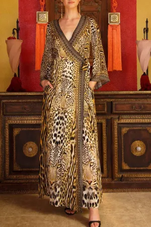 Black Printed Silk Wrap Maxi Dress