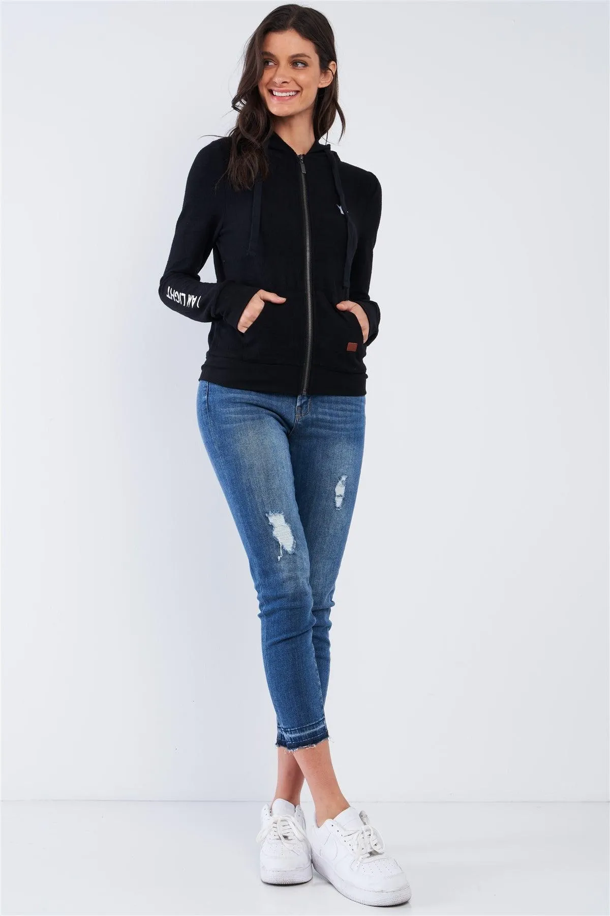 Black Star Embroidered "I Am Light" Graphic Zip Up Hoodie /1-2-2-1