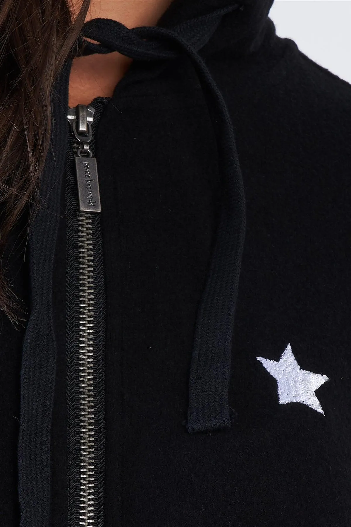 Black Star Embroidered "I Am Light" Graphic Zip Up Hoodie /1-2-2-1