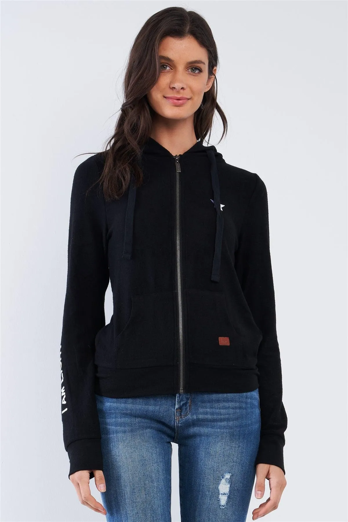 Black Star Embroidered "I Am Light" Graphic Zip Up Hoodie /1-2-2-1