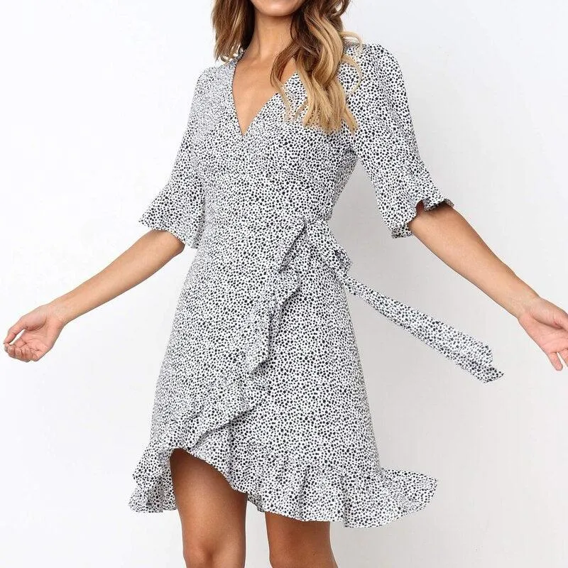 Boho Ruffles Short Sleeve Polka Dot Print V-Neck Mini Dress