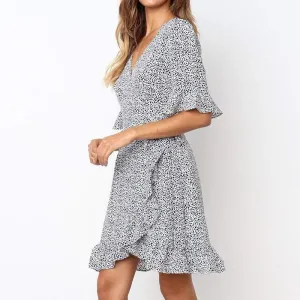 Boho Ruffles Short Sleeve Polka Dot Print V-Neck Mini Dress