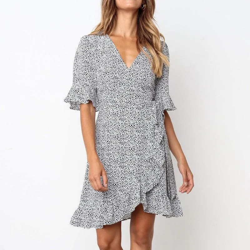 Boho Ruffles Short Sleeve Polka Dot Print V-Neck Mini Dress