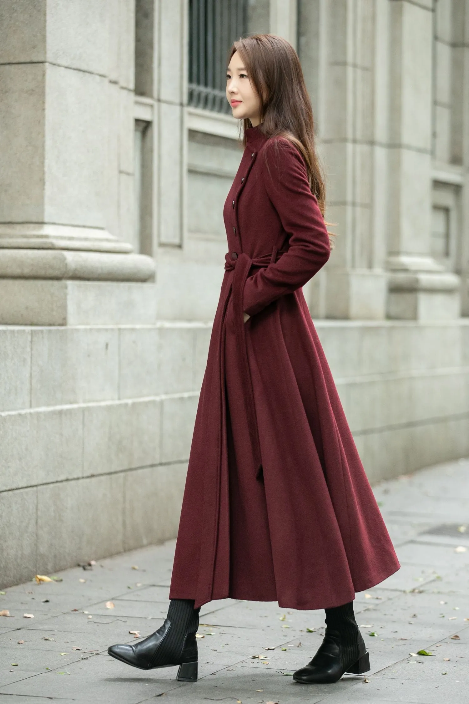 Burgundy long winter wool coat C4502