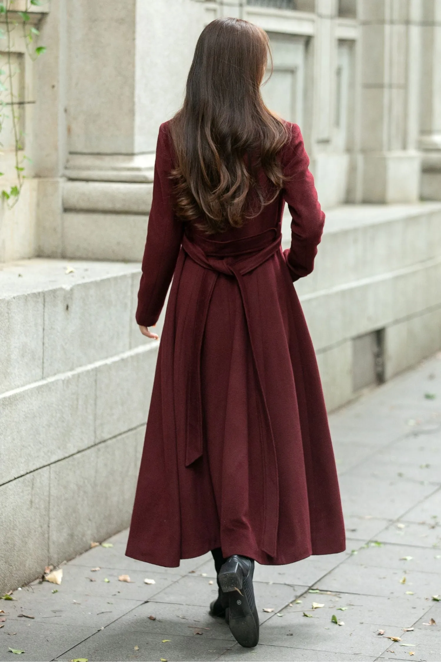 Burgundy long winter wool coat C4502